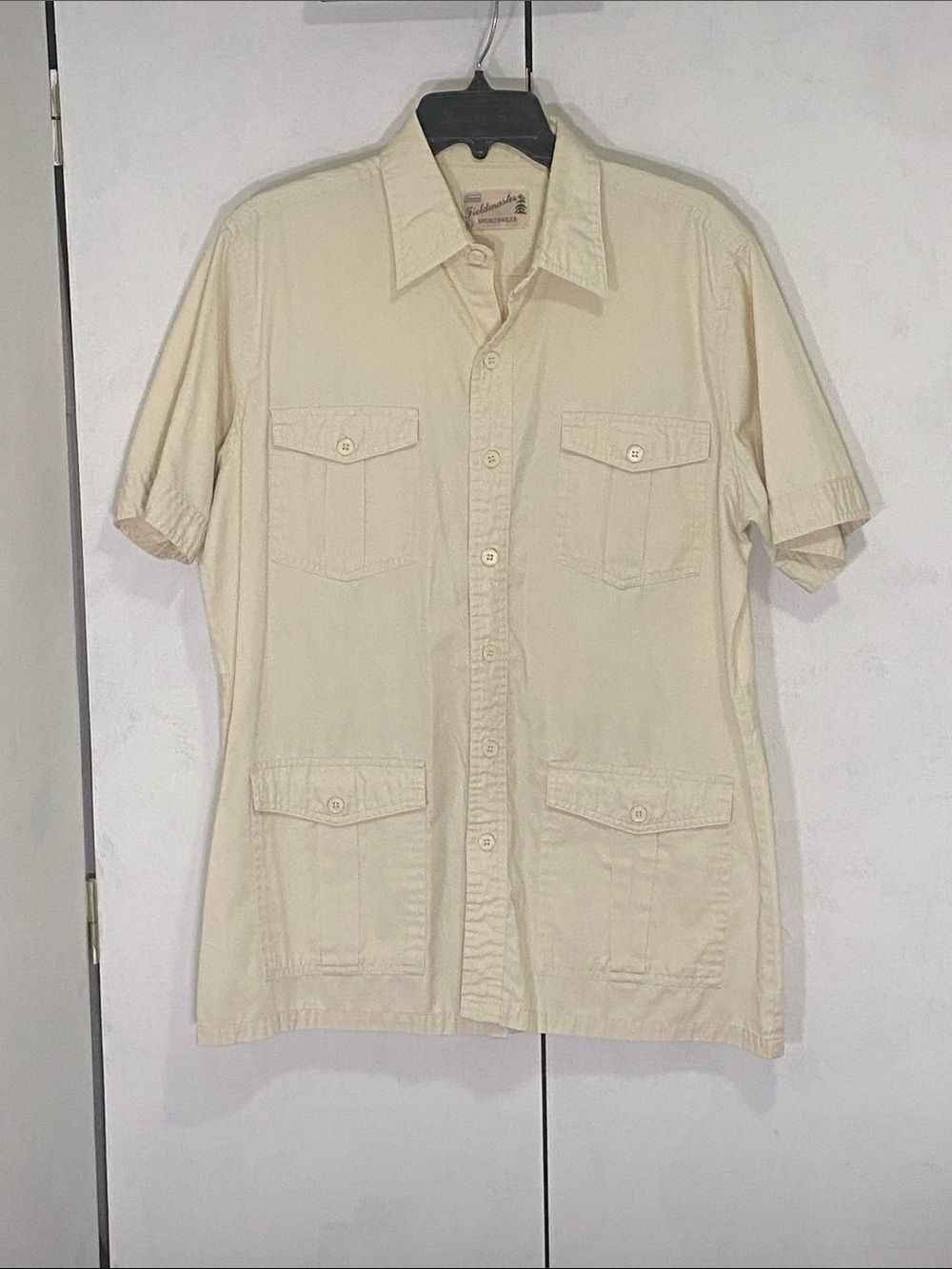 Vtg 70's Fieldmaster Sears Mens Casual Short-Sleeve Button-Down Shirt in Cream